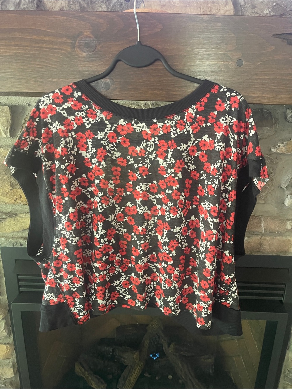 Free People Floral Short Sleeve Knit Top - Red/Black